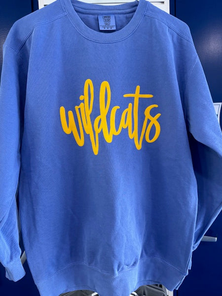 Blue crewneck with yellow Puff Wildcat